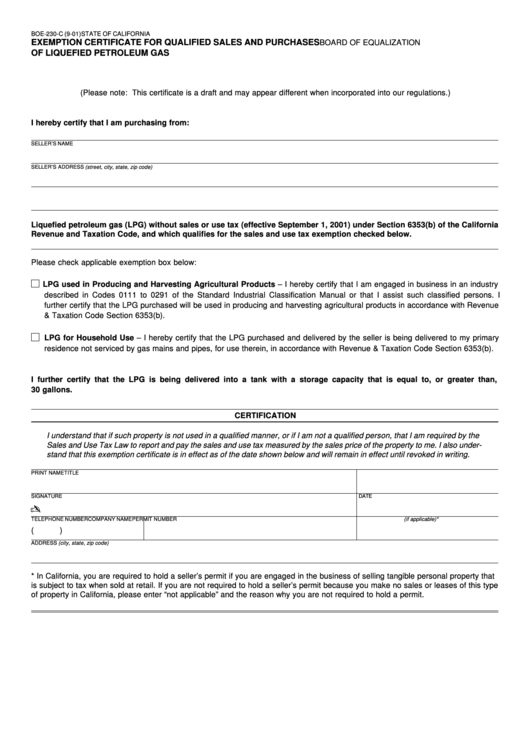 Form Boe-230-C - Exemption Certificate For Qualified Sales And Purchases Of Liquefied Petroleum Gas Printable pdf