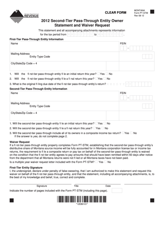Fillable Montana Form Pt-Stm - Second-Tier Pass-Through Entity Owner Statement And Waiver Request - 2012 Printable pdf