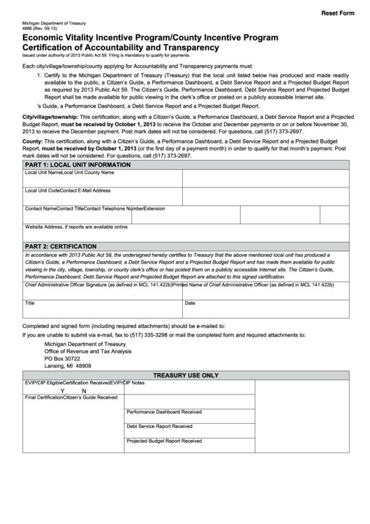 Fillable Form 4886 - Economic Vitality Incentive Program/county Incentive Program Certification Of Accountability And Transparency Printable pdf