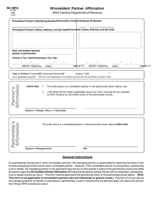 Form Nc-Npa - Nonresident Partner Affirmation Printable pdf
