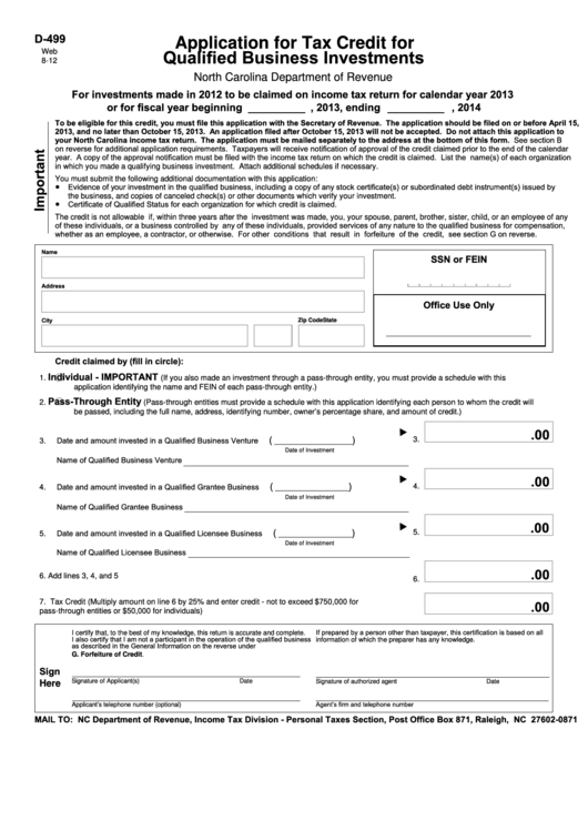 Form D-499 - Application For Tax Credit For Qualified Business Investments - 2013 Printable pdf