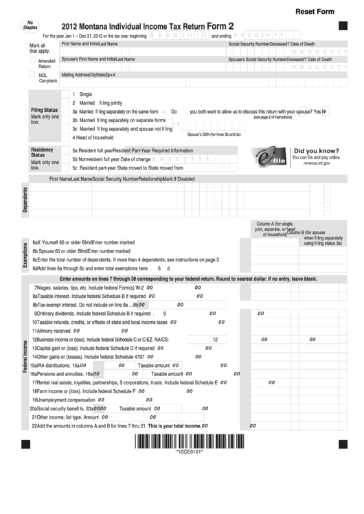 Fillable Form 2 - Montana Individual Income Tax Return - 2012 Printable pdf