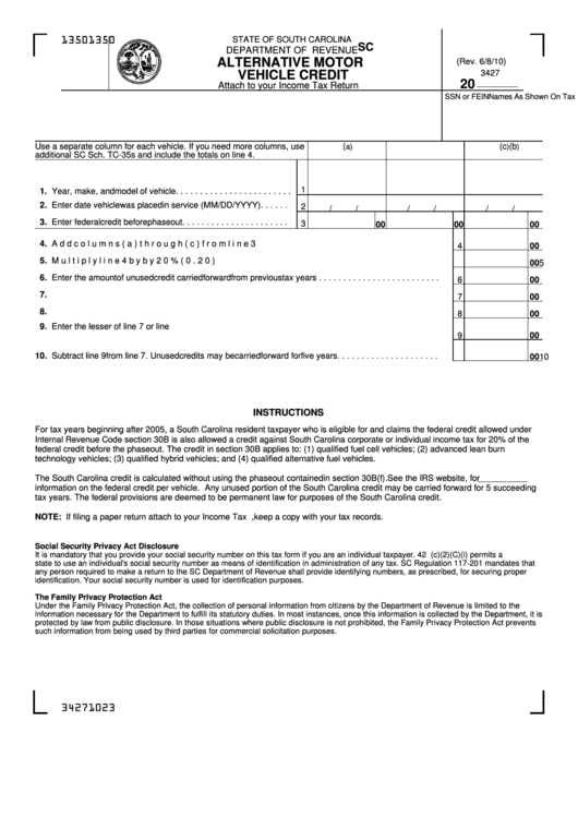 Form Sc Sch.tc-35 - South Carolina Alternative Motor Vehicle Credit Printable pdf