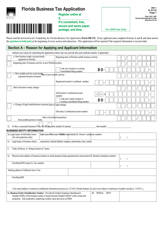 Fillable Form Dr-1 - Florida Business Tax Application Printable pdf