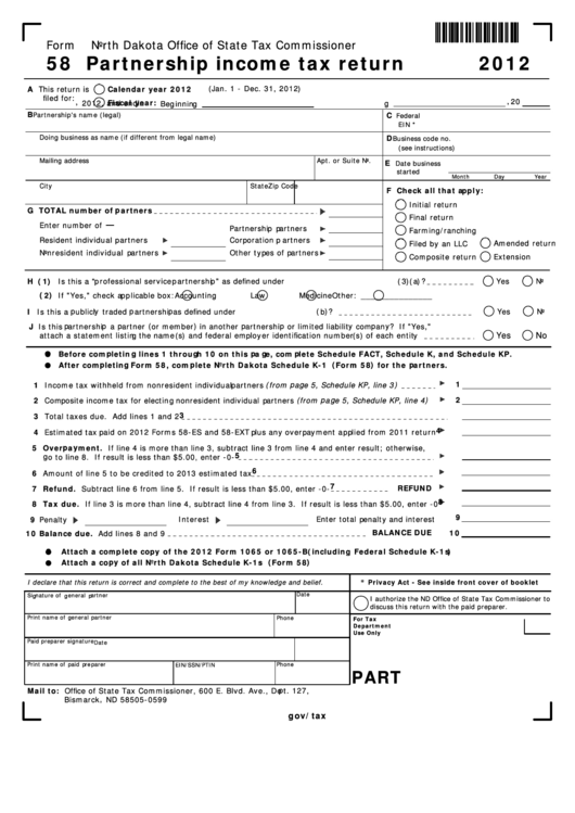 Fillable Form 58 - Partnership Income Tax Return - 2012 Printable pdf