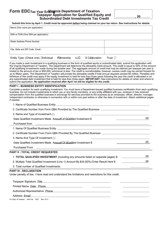 Form Edc - Virginia Taxpayer Application For Qualified Equity And Subordinated Debt Investments Tax Credit Printable pdf