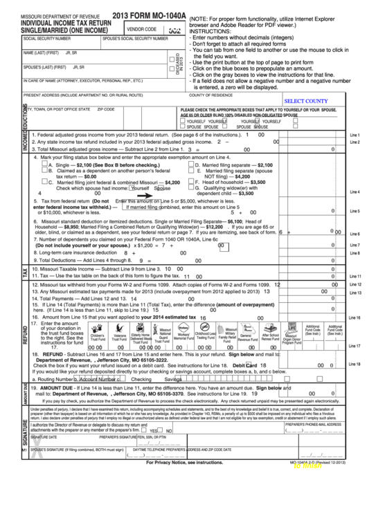 Fillable Form Mo-1040a - Individual Income Tax Return Single/married (One Income) - 2013 Printable pdf