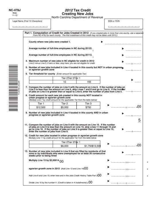 Form Nc-478j - Tax Credit Creating New Jobs - 2012 Printable pdf