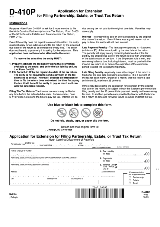Form D-410p - Application For Extension For Filing Partnership, Estate, Or Trust Tax Return Printable pdf