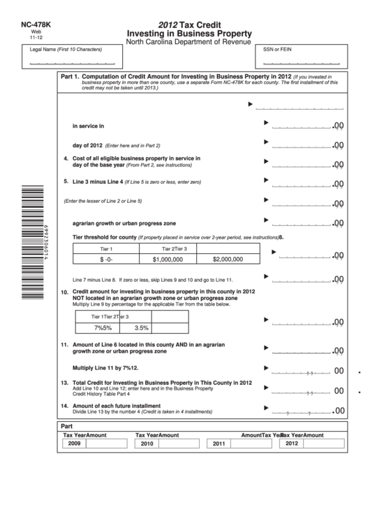 Form Nc-478k - Tax Credit Investing In Business Property - 2012 Printable pdf