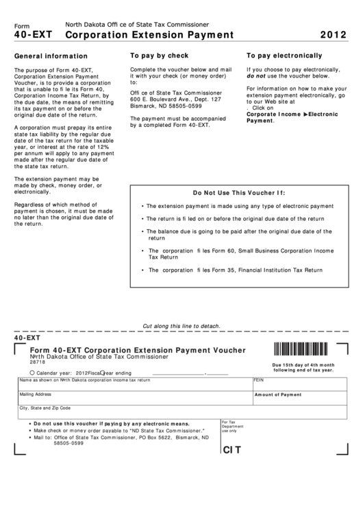 Fillable Form 40-Ext - Corporation Extension Payment Voucher - 2012 Printable pdf