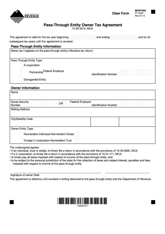 Fillable Montana Form Pt-Agr - Pass-Through Entity Owner Tax Agreement Printable pdf