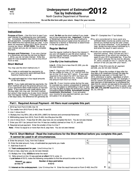 Form D-422 - Underpayment Of Estimated Tax By Individuals - 2012 Printable pdf