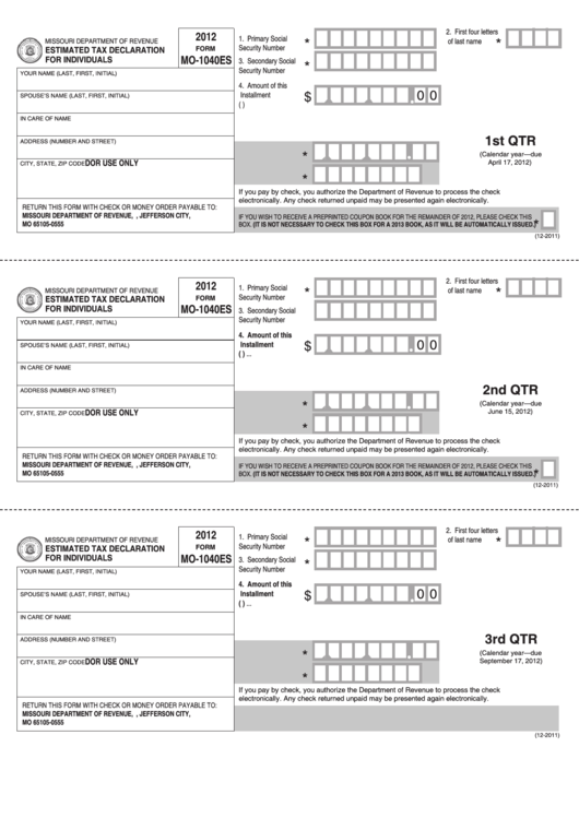 Fillable Form Mo-1040es - Estimated Tax Declaration For Individuals - 2012 Printable pdf