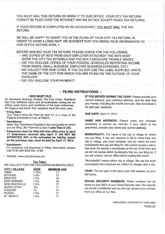 Instructions For Form Ez - Income Tax Return Printable pdf