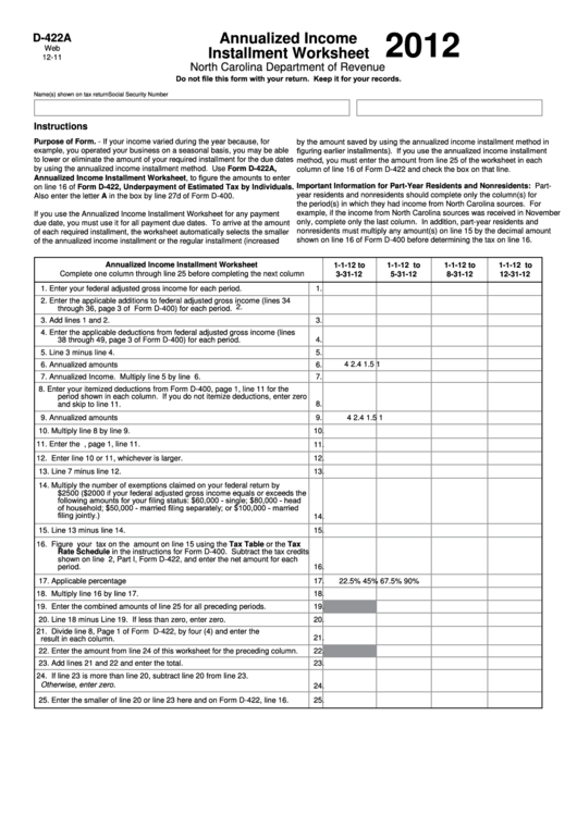 Form D 422a Annualized Income Installment Worksheet 2012 Printable Pdf Download 5555