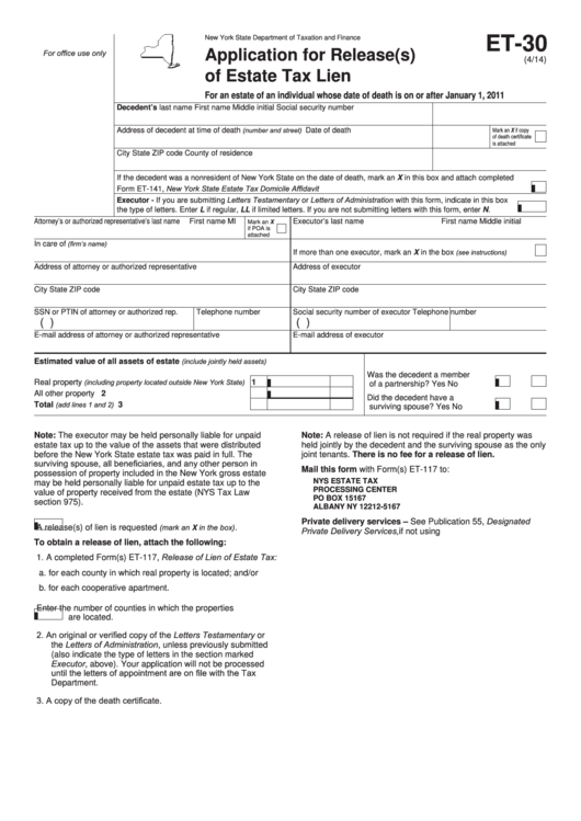 Form Et-30 - New York Application For Release(S) Of Estate Tax Lien Printable pdf