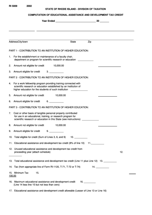 Fillable Form Ri 5009 - Rhode Island Computation Of Educational Assistance And Development Tax Credit - 2002 Printable pdf