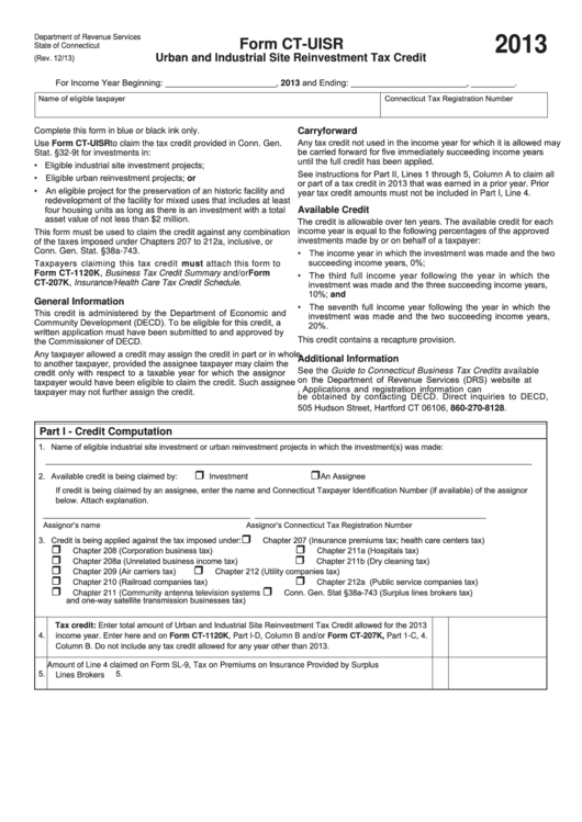Form Ct-Uisr - Urban And Industrial Site Reinvestment Tax Credit - 2013 Printable pdf