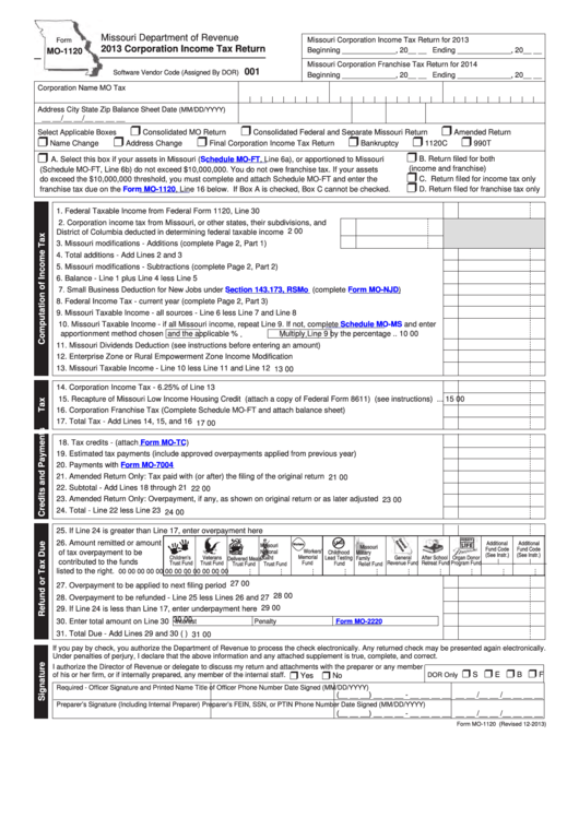 Fillable Form Mo-1120 - Corporation Income Tax Return - 2013 Printable pdf