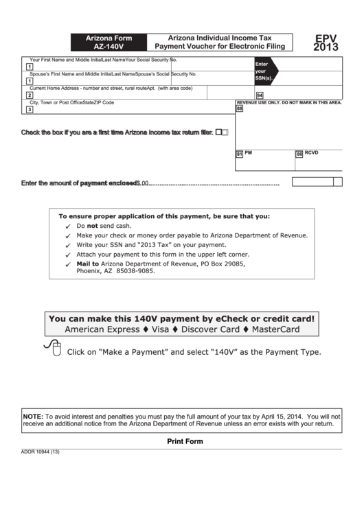 Fillable Arizona Form Az-140v - Arizona Individual Income Tax Payment Voucher For Electronic Filing - 2013 Printable pdf