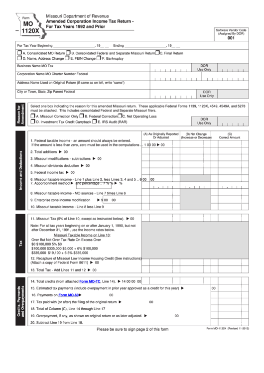 Fillable Form Mo 1120x - Amended Corporation Income Tax Return - For Tax Years 1992 And Prior Printable pdf
