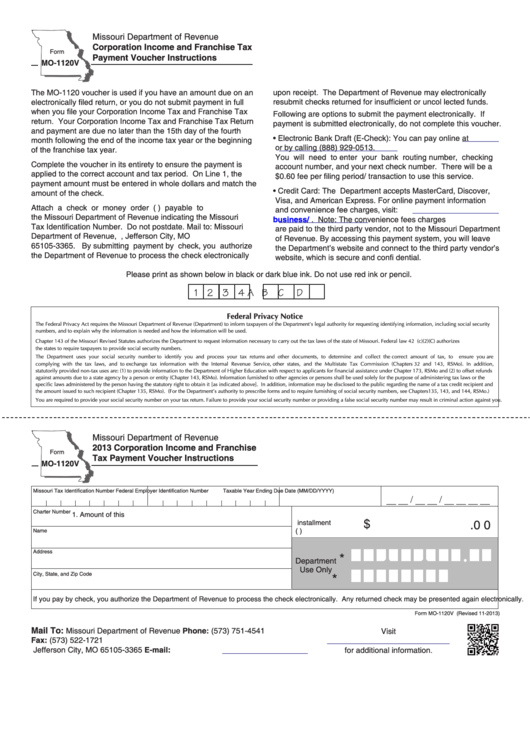 Fillable Form Mo-1120v - Corporation Income And Franchise Tax Payment Voucher - 2013 Printable pdf