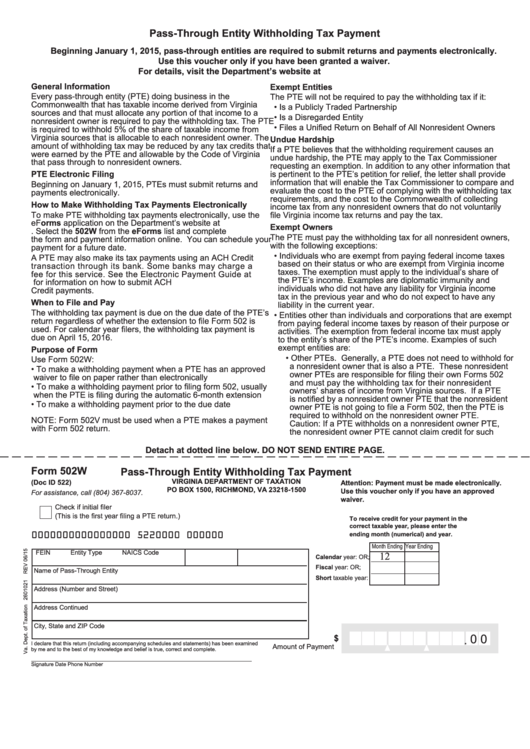 Fillable Form 502w - Virginia Pass-Through Entity Withholding Tax Payment Printable pdf