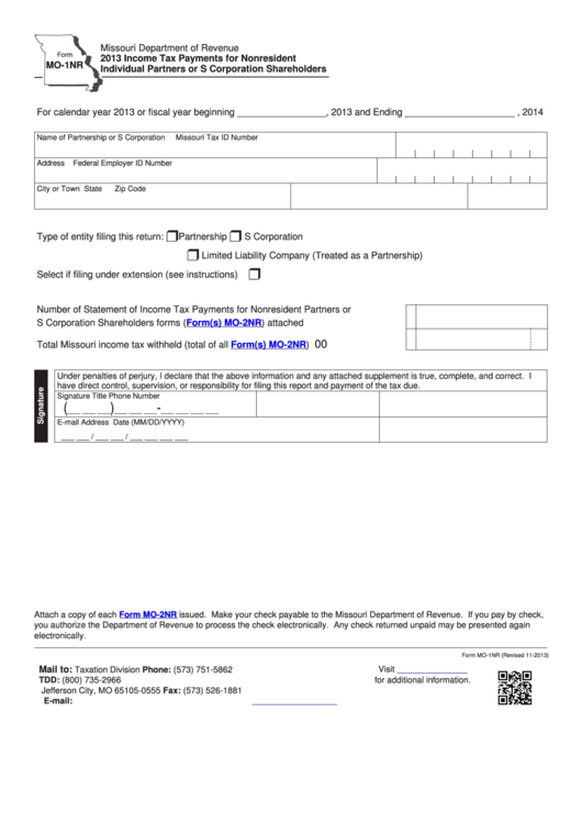 Fillable Form Mo-1nr - Income Tax Payments For Nonresident Individual Partners Or S Corporation Shareholders - 2013 Printable pdf