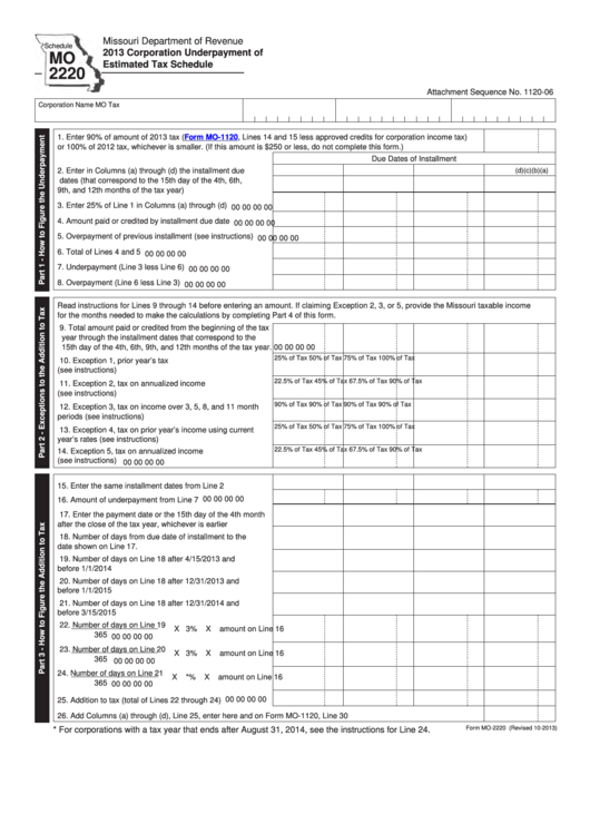 Fillable Schedule Mo 2220 - Corporation Underpayment Of Estimated Tax Schedule - 2013 Printable pdf