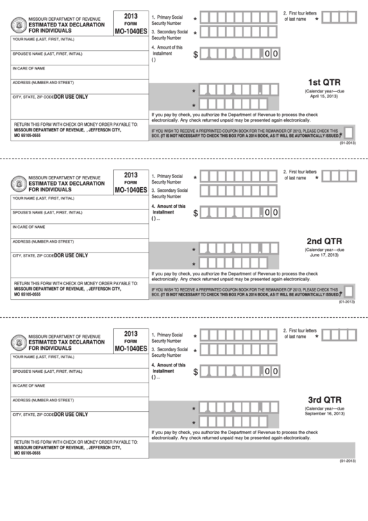 Fillable Form Mo-1040es - Estimated Tax Declaration For Individuals - 2013 Printable pdf