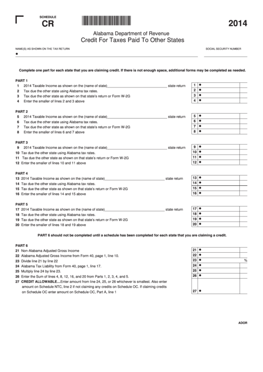 Schedule Cr - Alabama Credit For Taxes Paid To Other States - 2014 Printable pdf