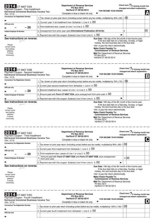 Fillable Form Ct-990t Esa - Estimated Unrelated Business Income Tax - Payment Coupon - 2014 Printable pdf