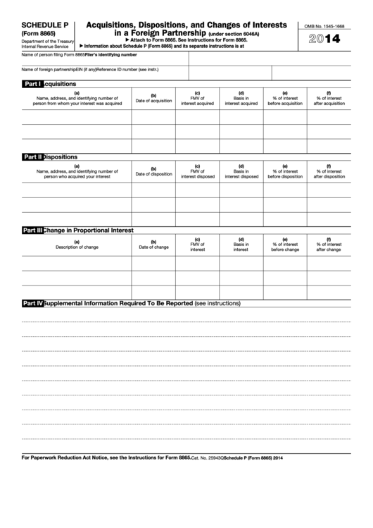Fillable Schedule P (Form 8865) - Acquisitions, Dispositions, And Changes Of Interests In A Foreign Partnership - 2014 Printable pdf