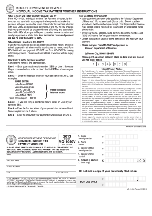 Fillable Form Mo-1040v - Individual Income Tax Payment Voucher - 2013 Printable pdf
