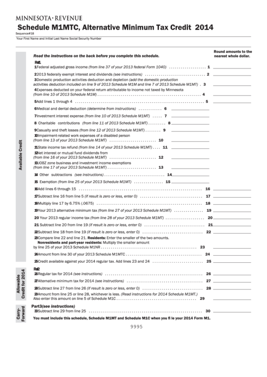 Fillable Schedule M1mtc - Minnesota Alternative Minimum Tax Credit - 2014 Printable pdf