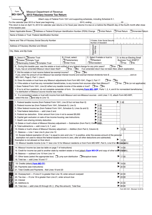 Fillable Form Mo-1041 - Fiduciary Income Tax Return - 2013 Printable pdf