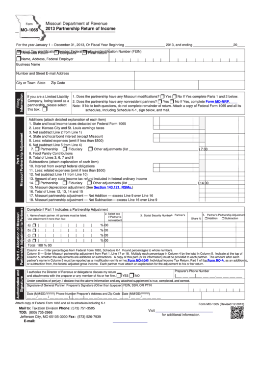 Fillable Form Mo-1065 - Partnership Return Of Income - 2013 Printable pdf