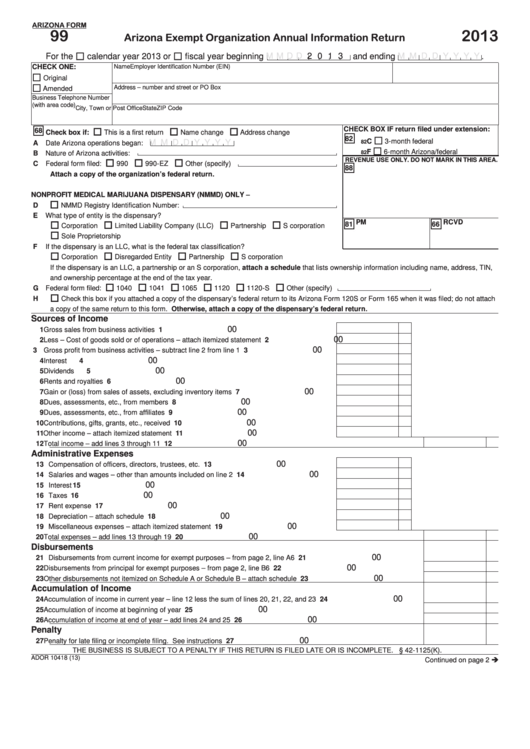 Fillable Arizona Form 99 - Arizona Exempt Organization Annual Information Return - 2013 Printable pdf