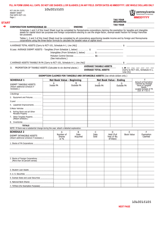 Fillable Form Rct-106 - Insert Sheet Printable pdf