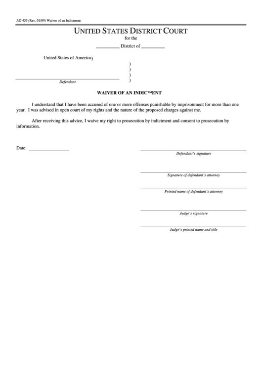 Fillable Form Ao 455 - Waiver Of An Indictment Printable pdf