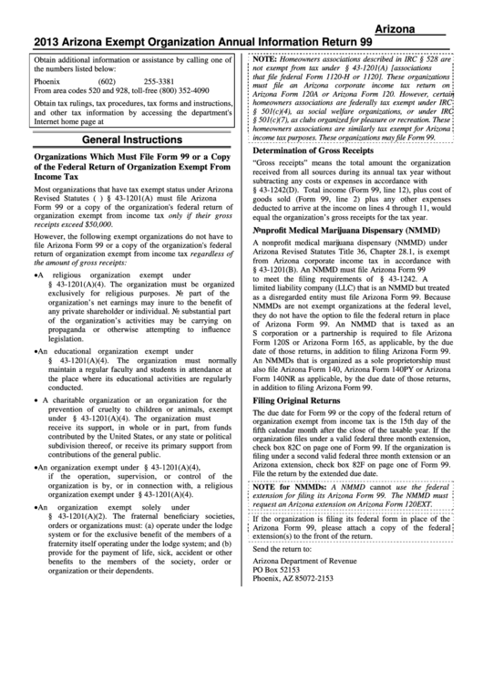 Arizona Form 99 - Arizona Exempt Organization Annual Information Return - 2013 Printable pdf