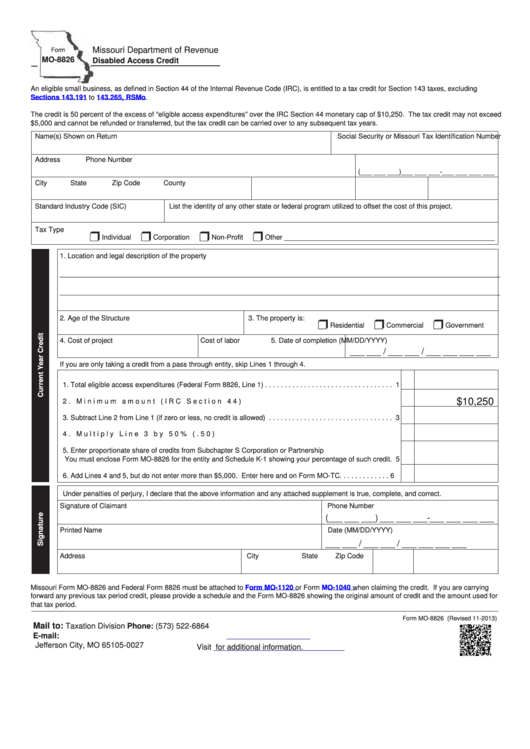 Fillable Form Mo-8826 - Disabled Access Credit Printable pdf