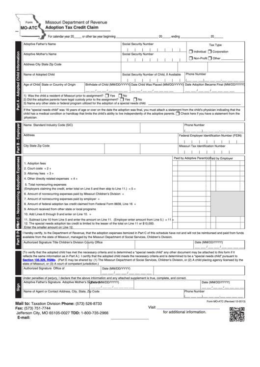 Fillable Form Mo-Atc - Adoption Tax Credit Claim Printable pdf