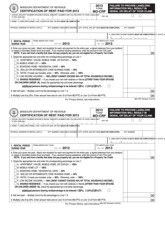 Fillable Form Mo-Crp - Certification Of Rent Paid For 2013 Printable pdf