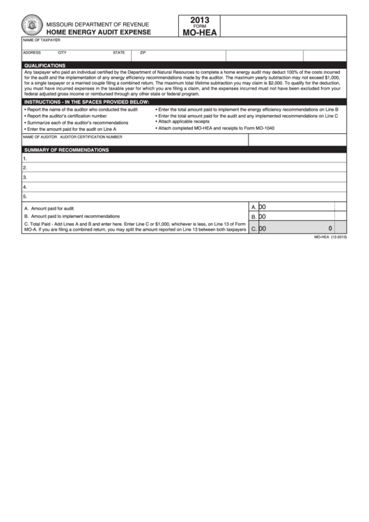 Fillable Form Mo-Hea - Home Energy Audit Expense - 2013 printable pdf ...