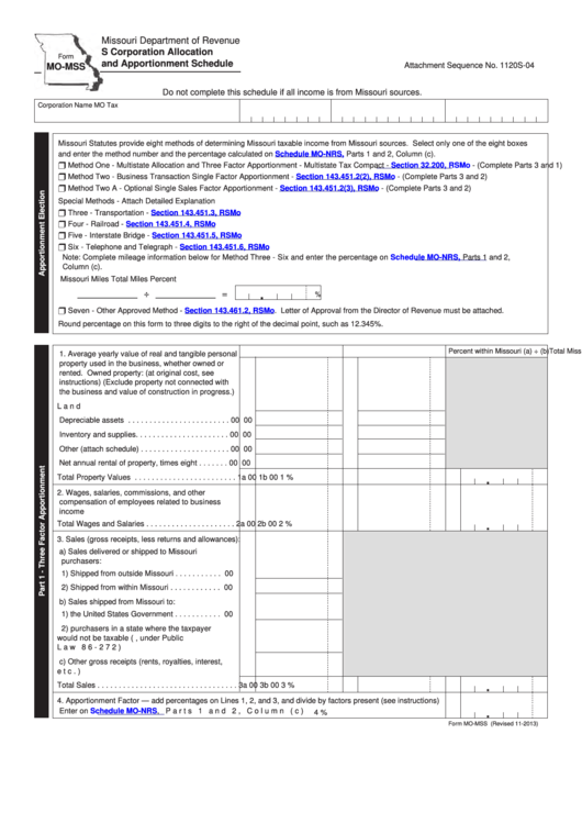 Fillable Form Mo-Mss - S Corporation Allocation And Apportionment Schedule Printable pdf