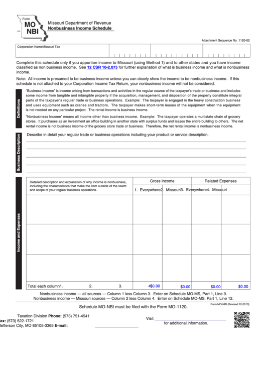 Fillable Form Mo-Nbi - Nonbusiness Income Schedule Printable pdf