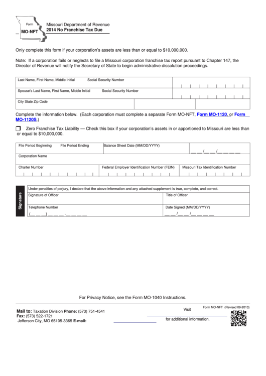 Fillable Form Mo-Nft - No Franchise Tax Due - 2014 Printable pdf