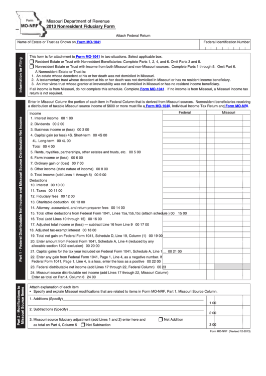 Fillable Form Mo-Nrf - Nonresident Fiduciary Form - 2013 Printable pdf